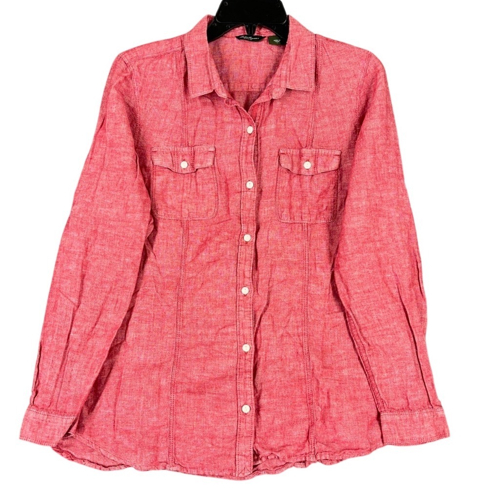 Eddie‎ Bauer Linen Cotton Button Down Shirt Long Sleeve Red Chambray L Womens